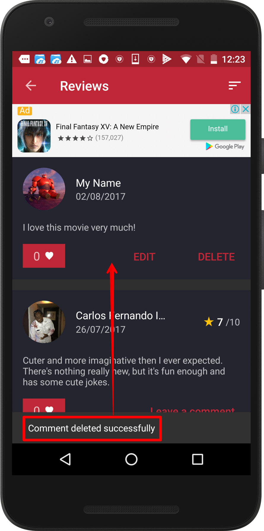 Un avis supprimé ne disparaît pas de l’écran de l’application