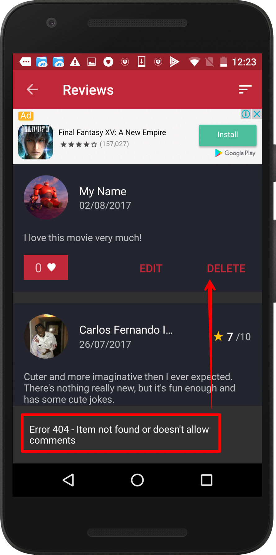 Un avis supprimé ne disparaît pas de l’écran de l’application