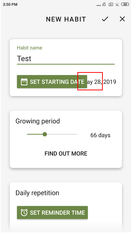 Le bouton « Définir la date de début » chevauche la date sélectionnée.