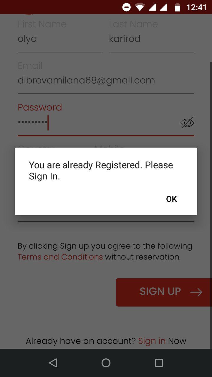 Pop-up incorrect après avoir tenté de s’inscrire avec un e-mail déjà enregistré