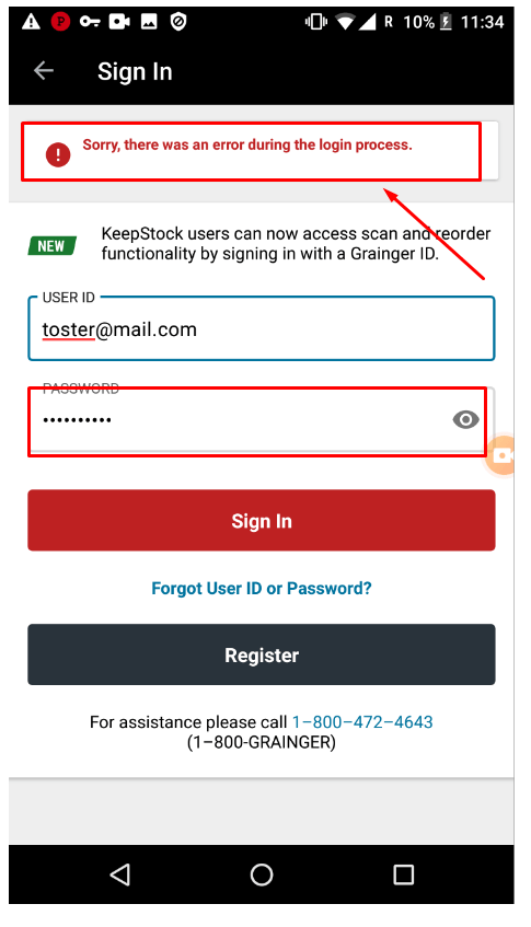 Une erreur de validation incorrecte s’affiche sur la page “Connexion” après la saisie d’un mot de passe erroné