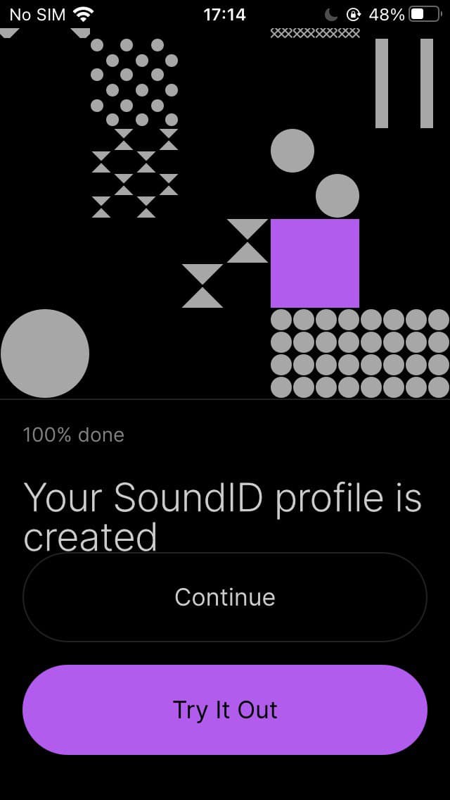 Le message « Votre profil SoundID est créé » et le bouton « Continuer » ne sont pas correctement espacés