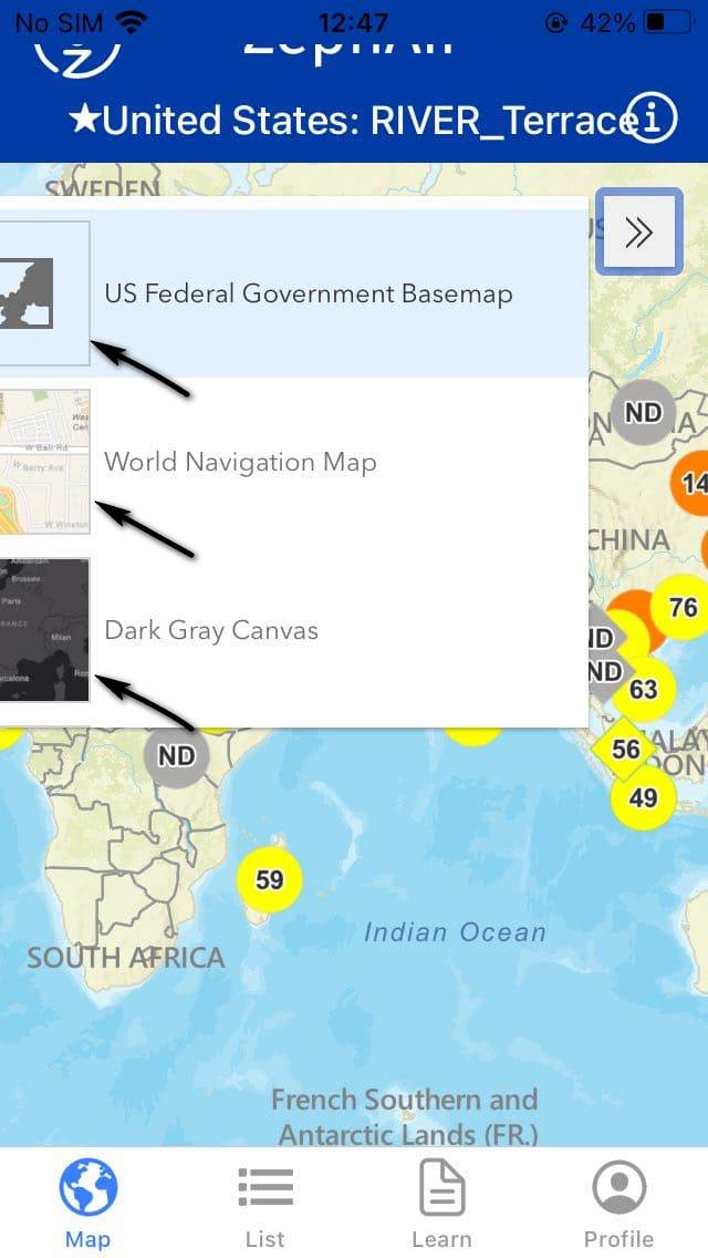 Les images de « US Federal Government Basemap », « World Navigation Map » et « Dark Gray Canvas » ne sont que partiellement visibles