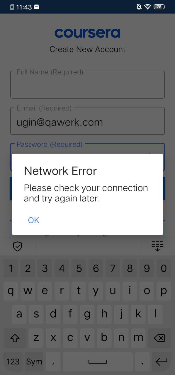 Erreur réseau sur la page Créer un compte