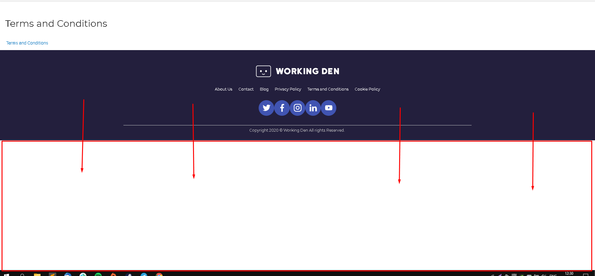 Le pied de page des pages « Politique de confidentialité », « Conditions générales » et « Politique relative aux cookies » s’affiche au milieu de la page