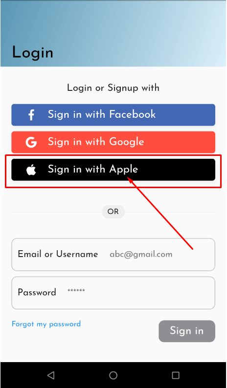 Le bouton « Sign in with Apple » s’affiche sur la page « Login » pour les utilisateurs Android