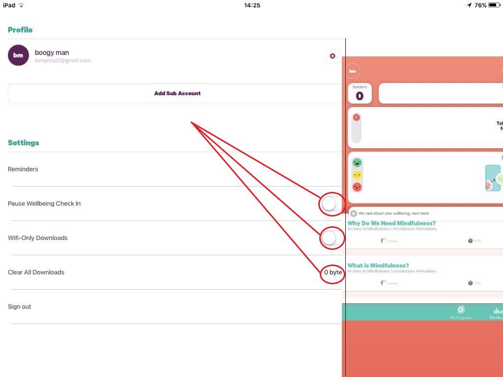 La section Compte (Profil + Paramètres) est légèrement recouverte par l’écran d’accueil « Tableau de bord » minimisé
