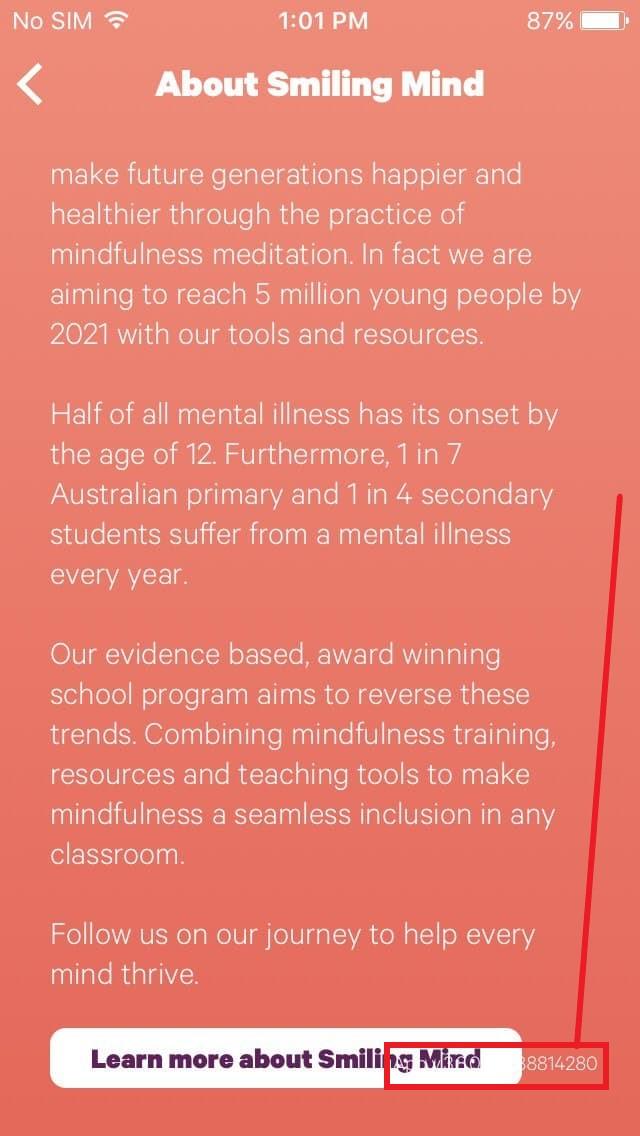 La version actuelle de l’application n’est pas entièrement visible en bas de la page « À propos de Smiling Mind »