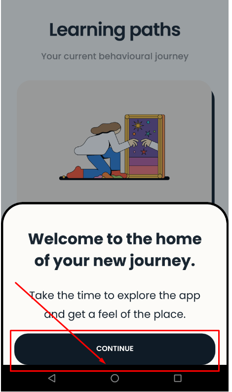 Le bouton « Continuer » est superposé à la barre de navigation lorsque l’utilisateur tente d’ouvrir l’application pour la première fois