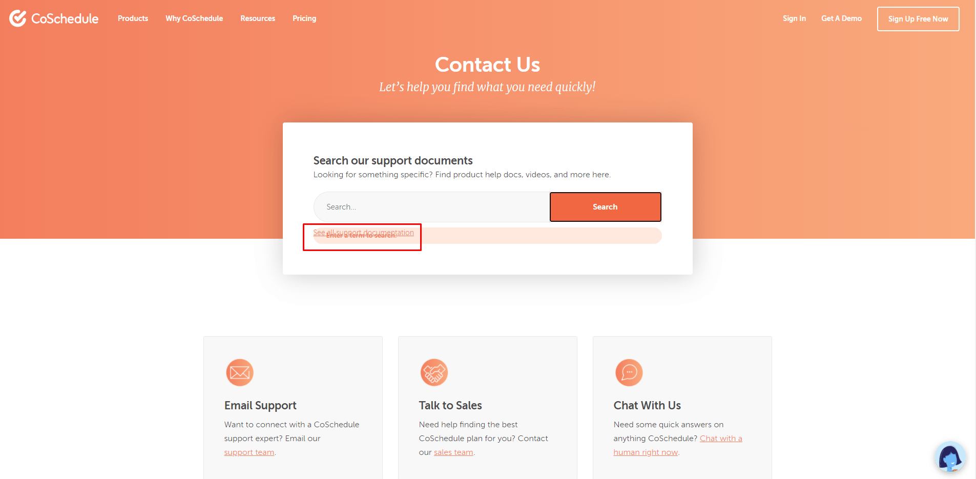 Sur la page « Contactez-nous », le message d’erreur « Entrez un terme à rechercher » chevauche le lien « Voir toute la documentation de support »