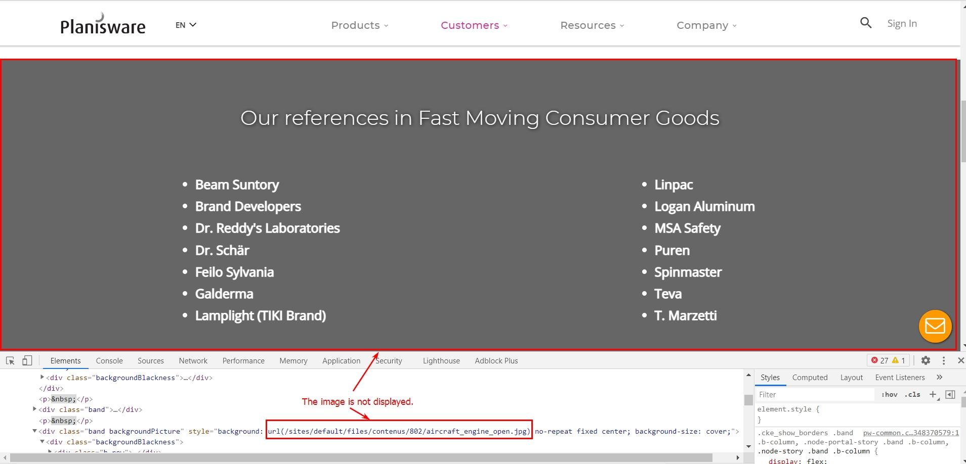 La bannière « Our references in Fast Moving Consumer Goods » ne s’affiche pas.