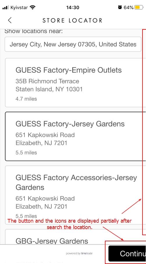 La liste des magasins ne s’ajuste pas automatiquement à l’écran de l’iPhone 6s après la sélection de l’emplacement
