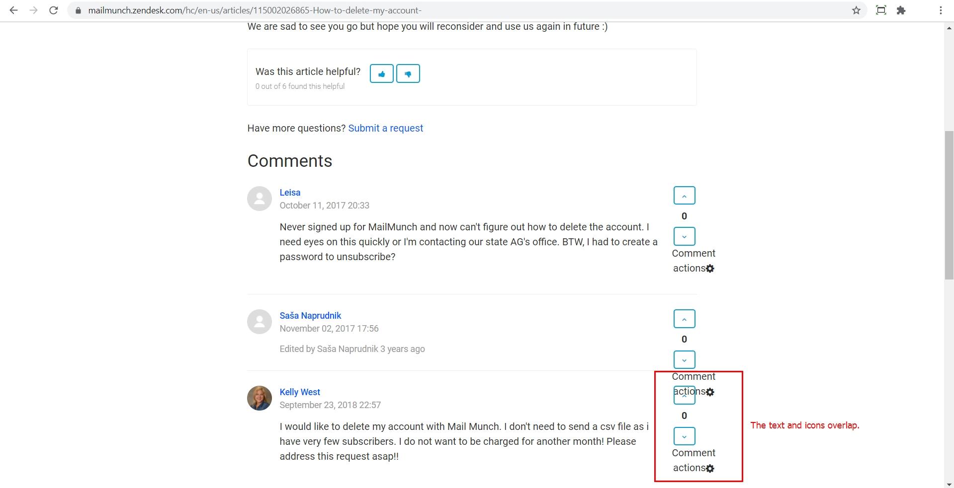 Le texte et les icônes dans les commentaires des réponses du support se chevauchent