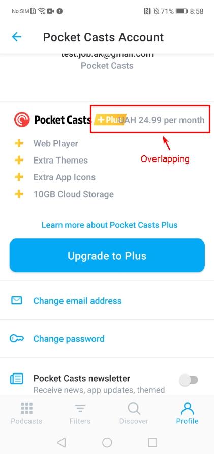 La zone de texte ’Coût de l’abonnement’ chevauche le titre ’Abonnement’ dans le compte Pocket Casts