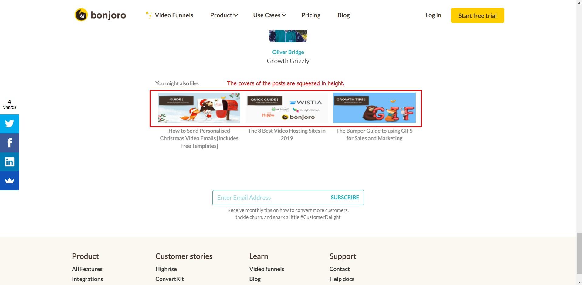 Les couvertures des articles sont écrasées en hauteur à la fin de chaque article sur la page « Blog »