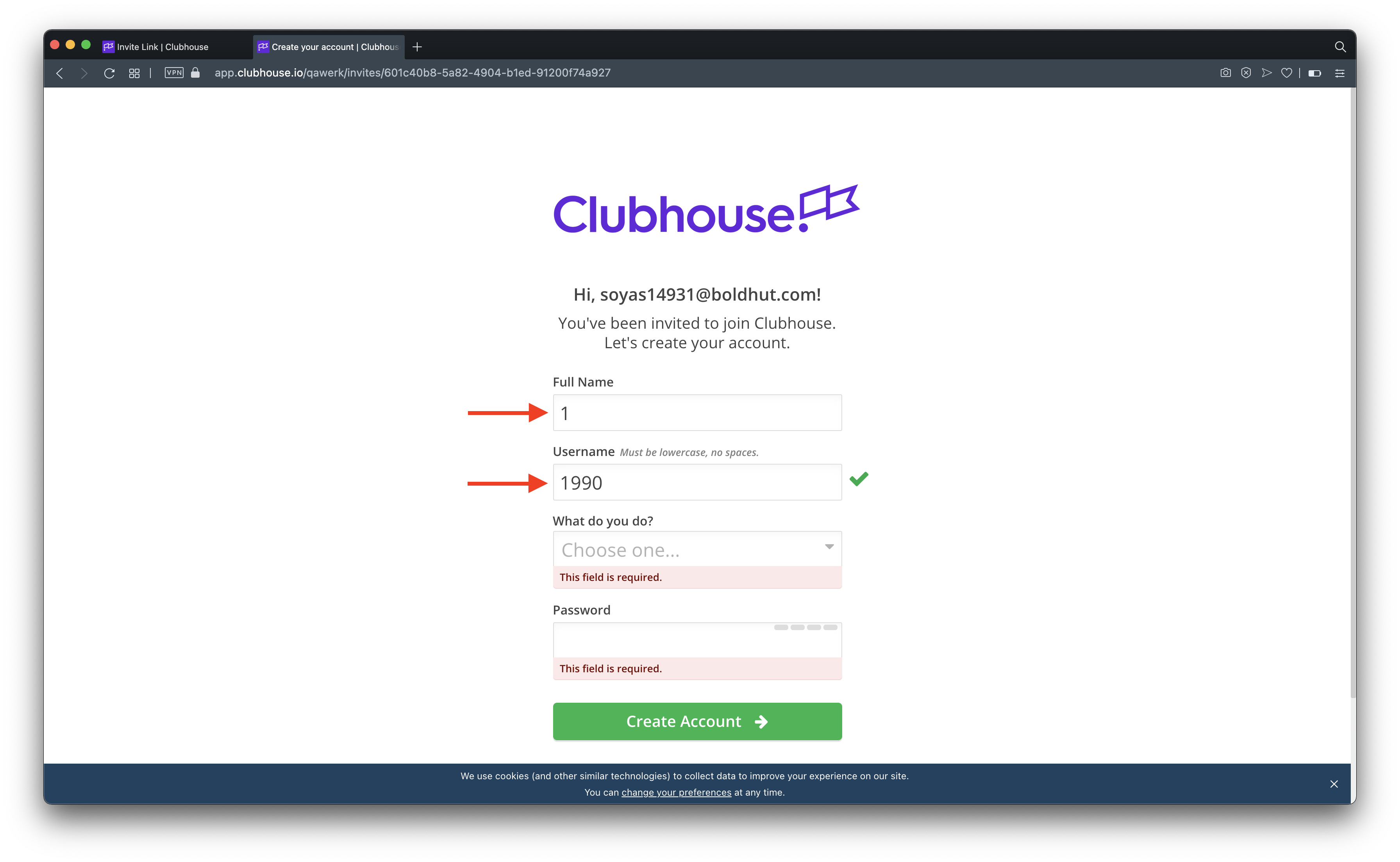 Procédure de validation d’inscription défectueuse