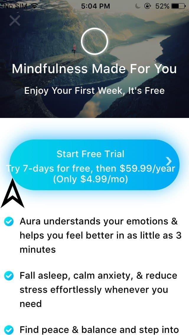 Le texte « Essayez 7 jours gratuitement, puis 59,99 $/an » dépasse le bouton « Commencer l’essai gratuit » sur le pop-up « Pleine conscience sur mesure »