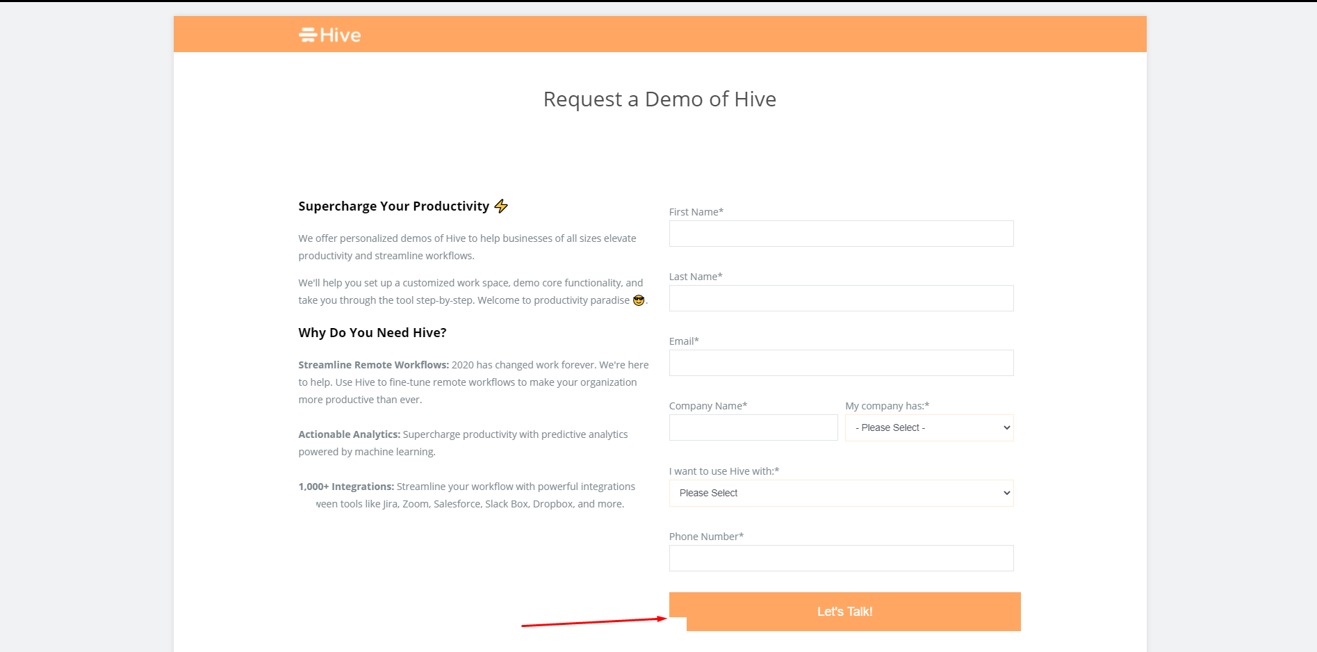 L’icône « Let’s Talk » est cassée sur la page « Demander une démo de Hive »