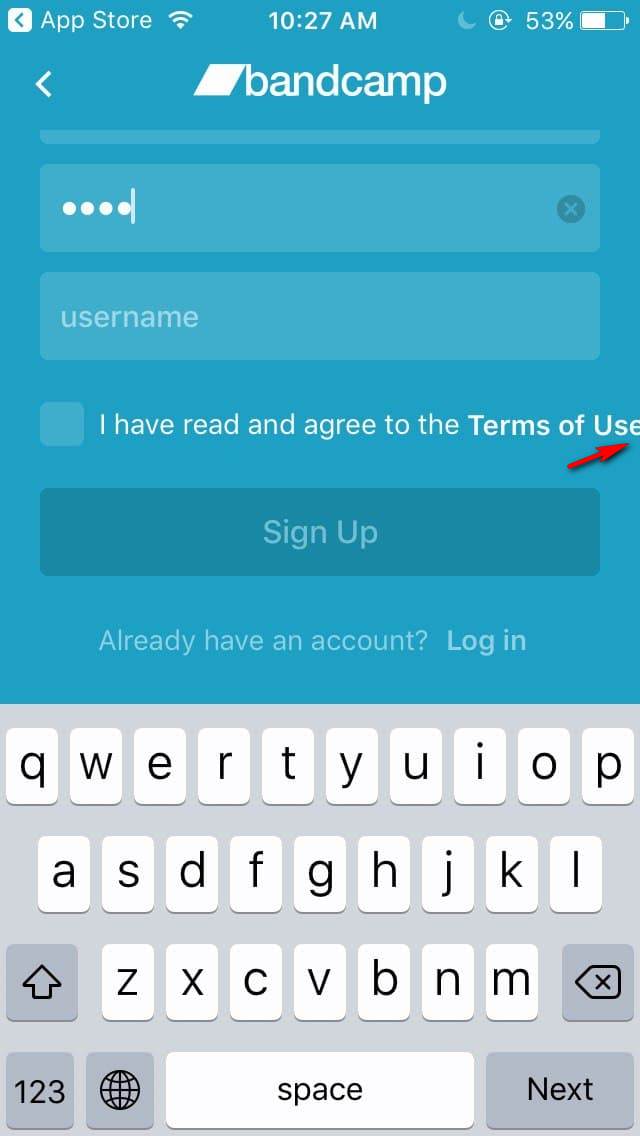 Le texte I have read and agree to the Terms of Use n’est pas entièrement affiché sur l’écran Sign Up