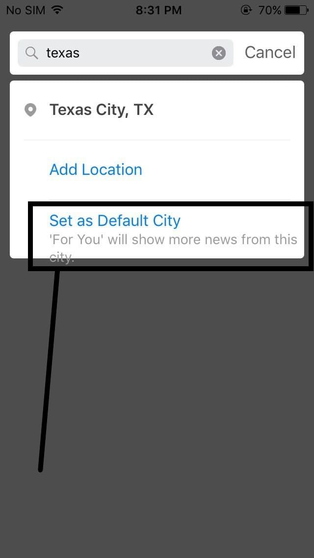 Le texte « ’Pour vous’ affichera plus d’actualités de cette ville » dans l’option « Définir comme ville par défaut » dépasse de la section.
