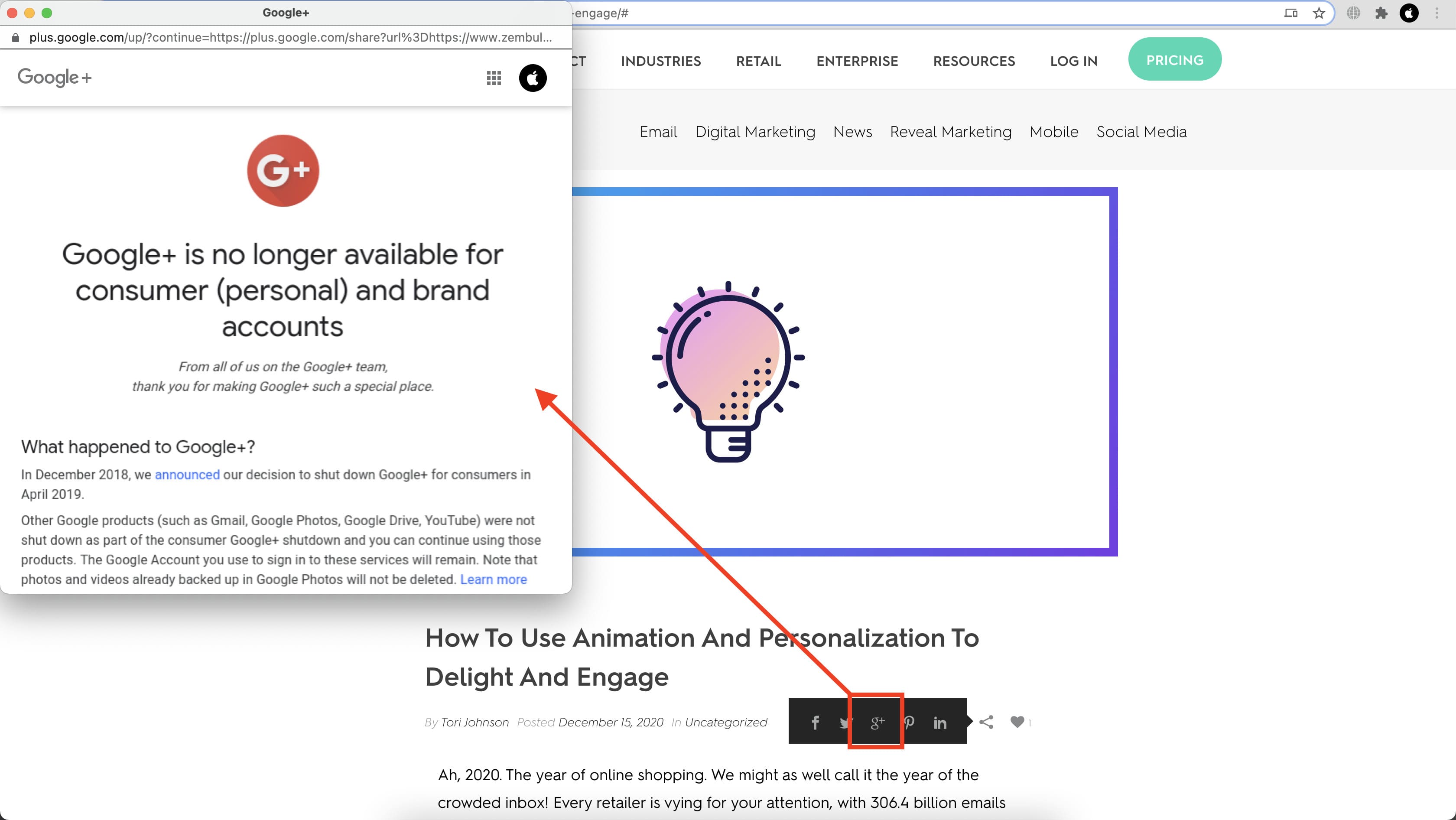 Google+ indisponible s’affiche toujours dans les options de partage