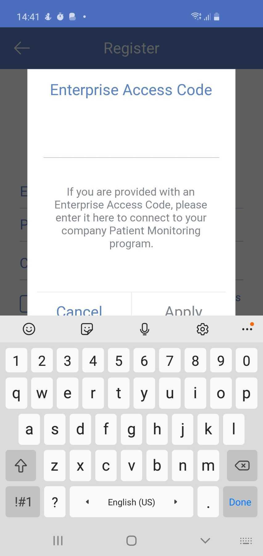 Le clavier mobile masque les boutons « Annuler » et « Appliquer » lors de l’inscription avec un code d’entreprise