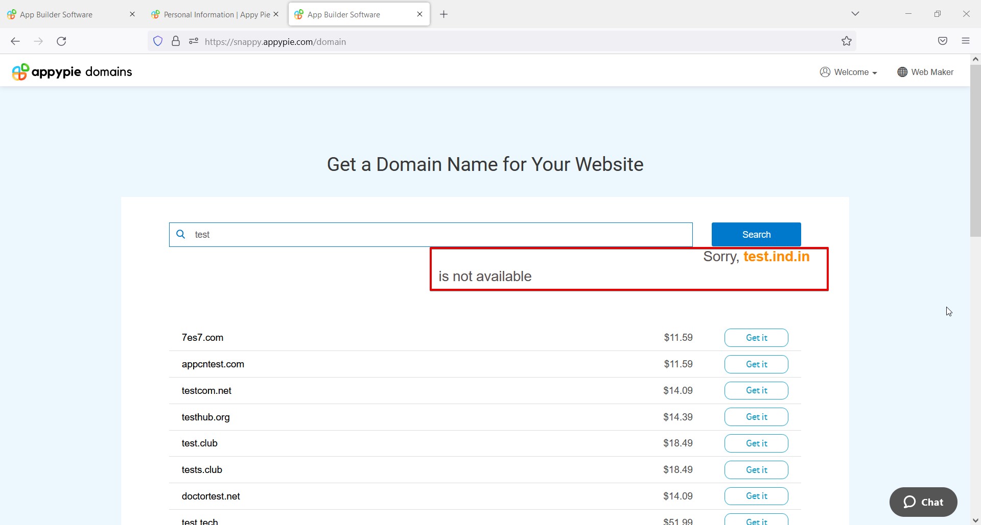 Le message « Désolé, <domaine> n’est pas disponible » n’est pas affiché sur une seule ligne sur la page « Domaines »