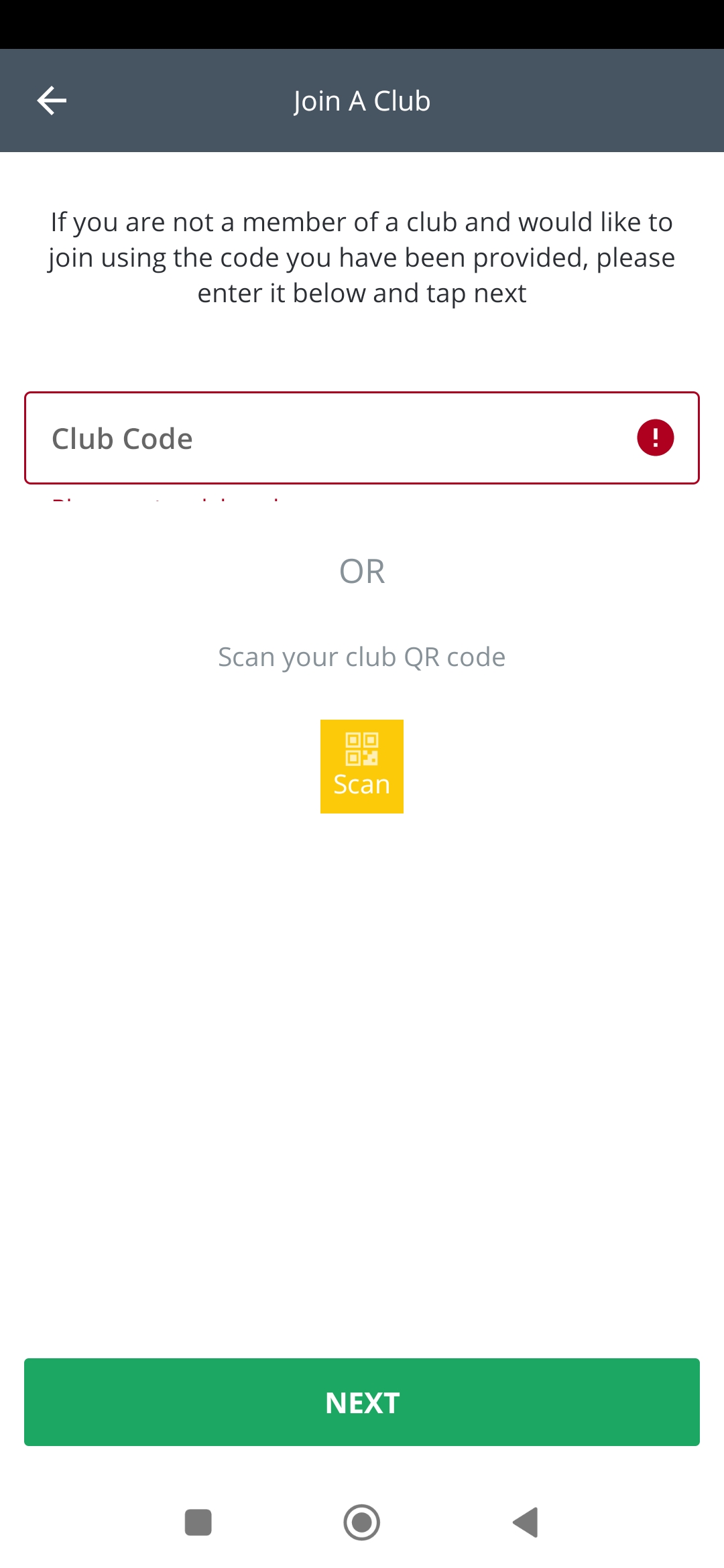 L’avertissement pour le champ vide « Code du club » n’est pas visible sur la page « Rejoindre un club »