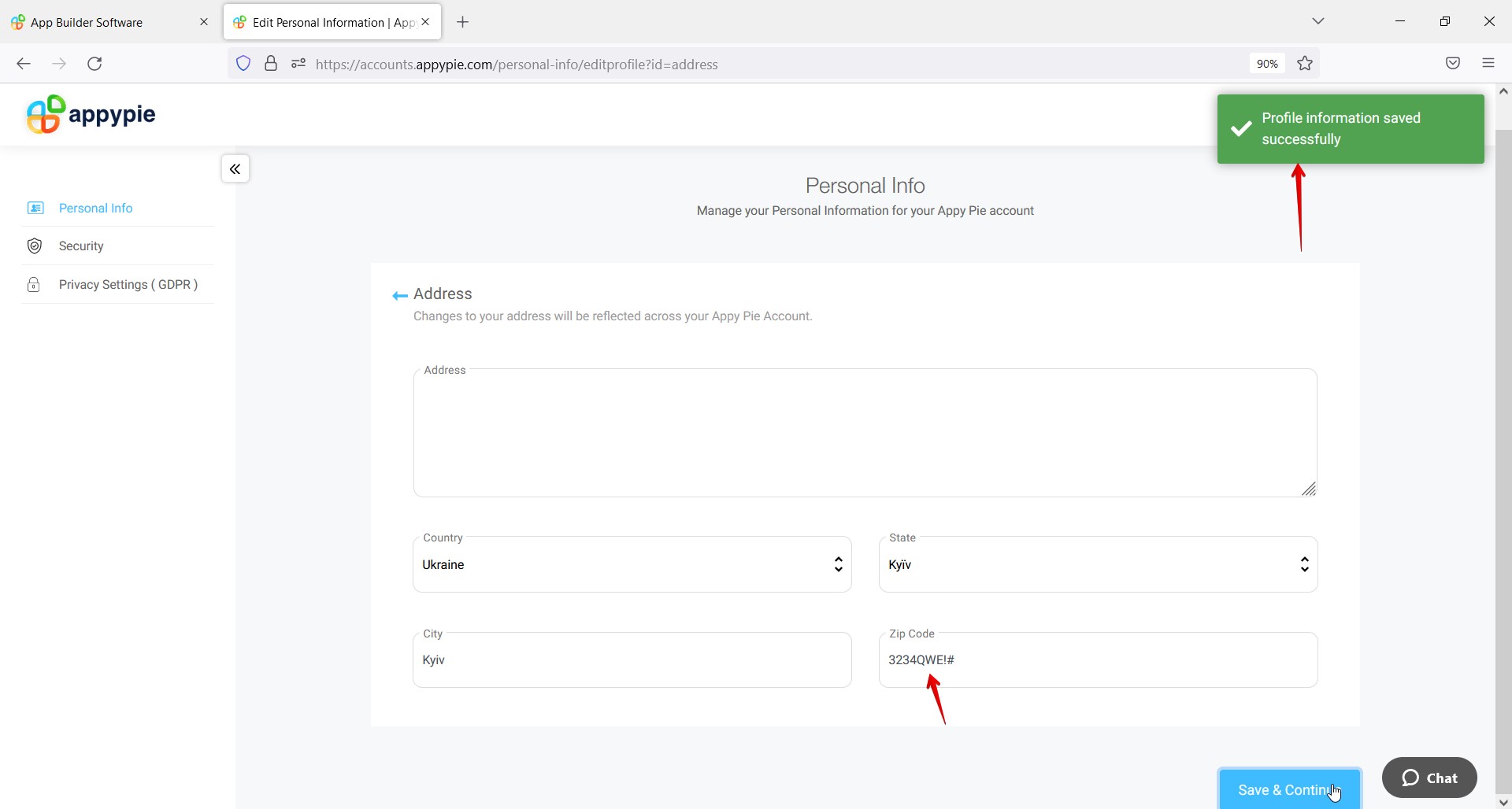 La validation du champ « Code postal » est manquante dans la section « Adresse »