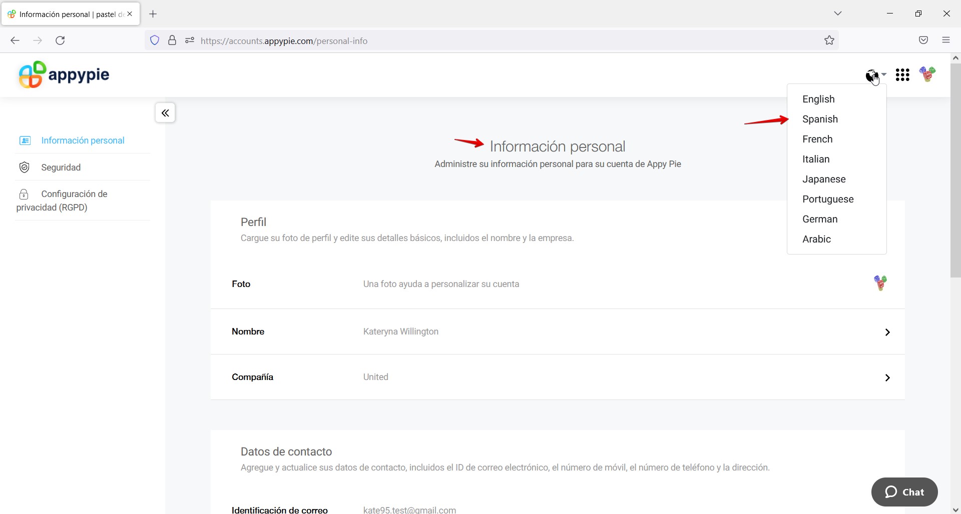 La langue actuelle définie sur la page « Infos personnelles » ne s’affiche pas comme « sélectionnée » dans la liste déroulante « Langue »