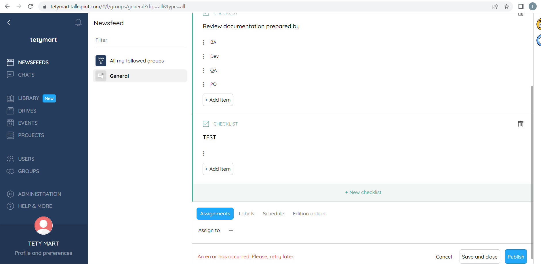 Une erreur se produit lors de la création d’une checklist avec un élément vide