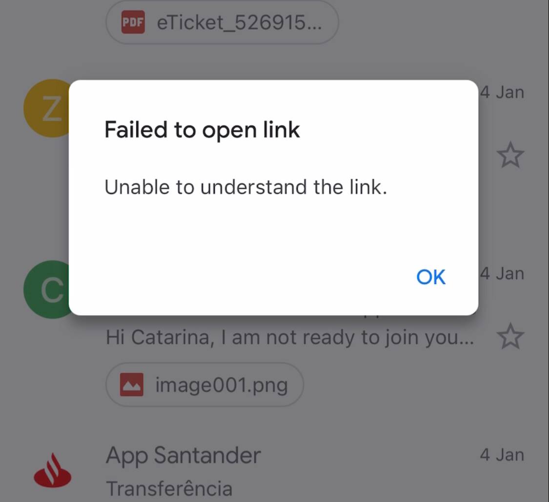 Le message « Impossible d’ouvrir le lien » s’affiche après la sélection de l’application de messagerie préférée