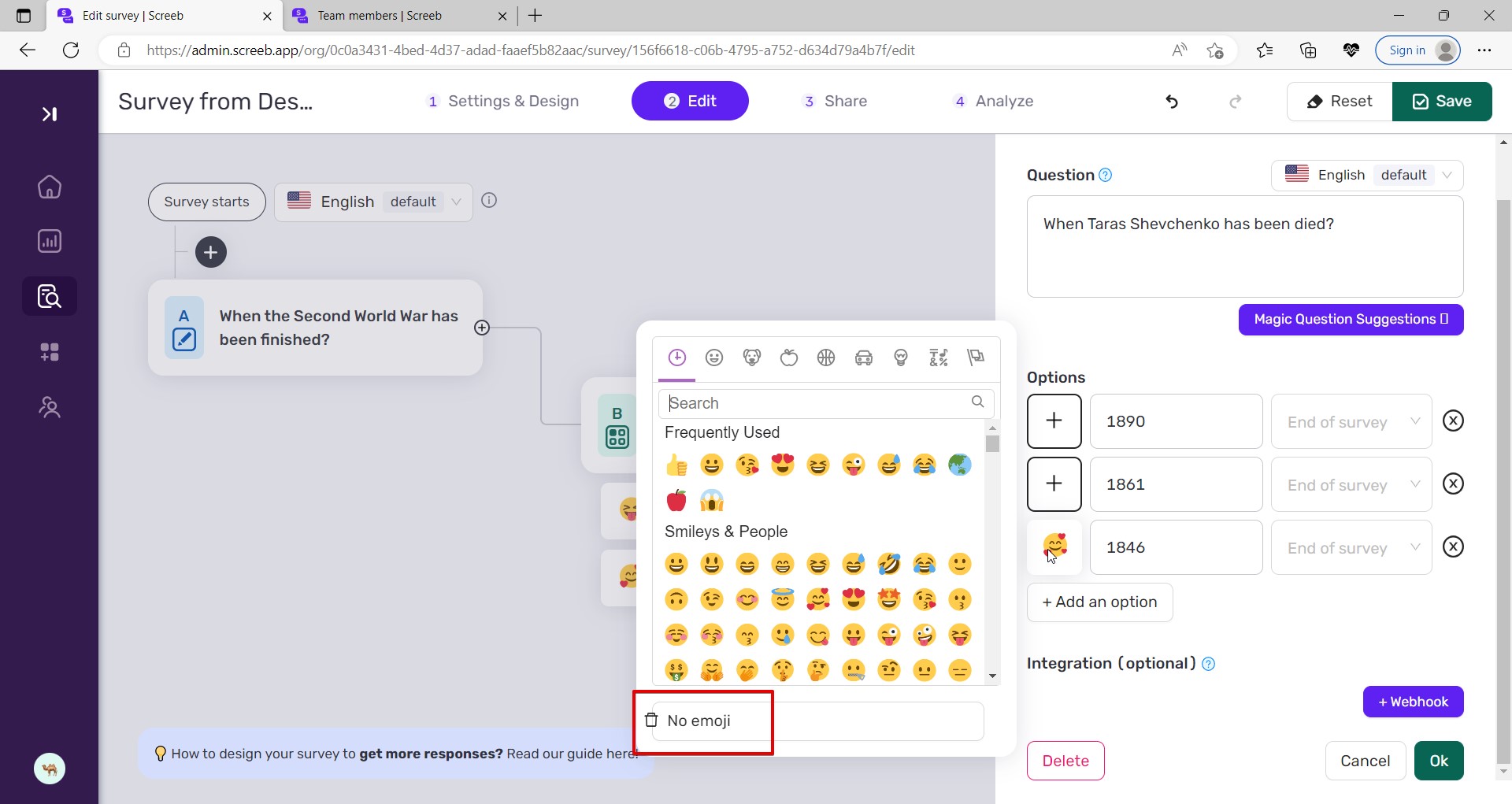 L’étiquette « Pas d’emoji » est hors du champ dans la fenêtre contextuelle avec emojis