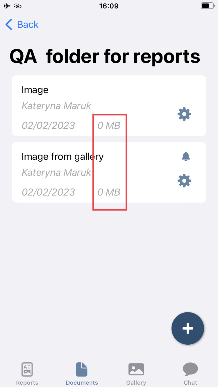 « 0 Mo » est défini comme taille pour les fichiers téléversés sur la page « Documents »