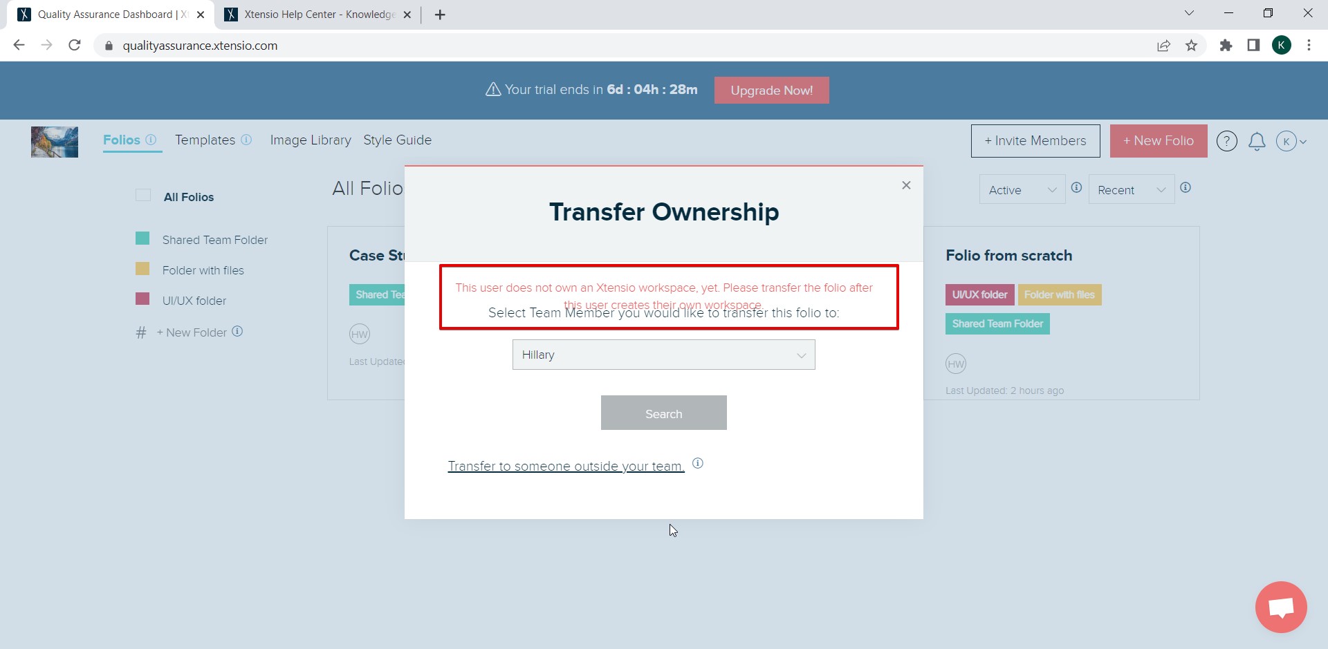 Le message d’avertissement chevauche le paragraphe principal dans la fenêtre contextuelle Transférer la propriété
