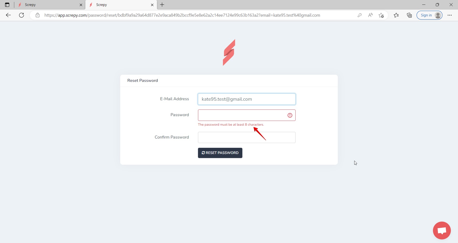 Règles de longueur de mot de passe différentes sur les pages « Réinitialiser le mot de passe » et « Mettre à jour le mot de passe »