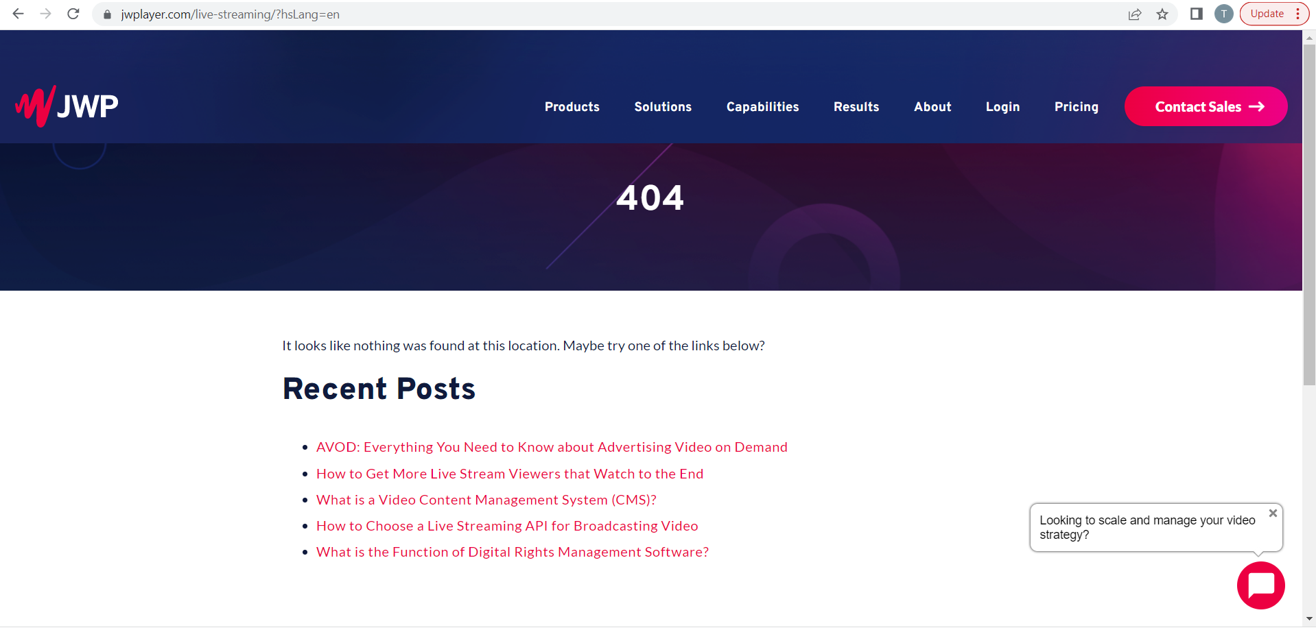 Erreur 404 affichée après avoir cliqué sur le lien « streaming en direct » dans le menu « Études de cas »