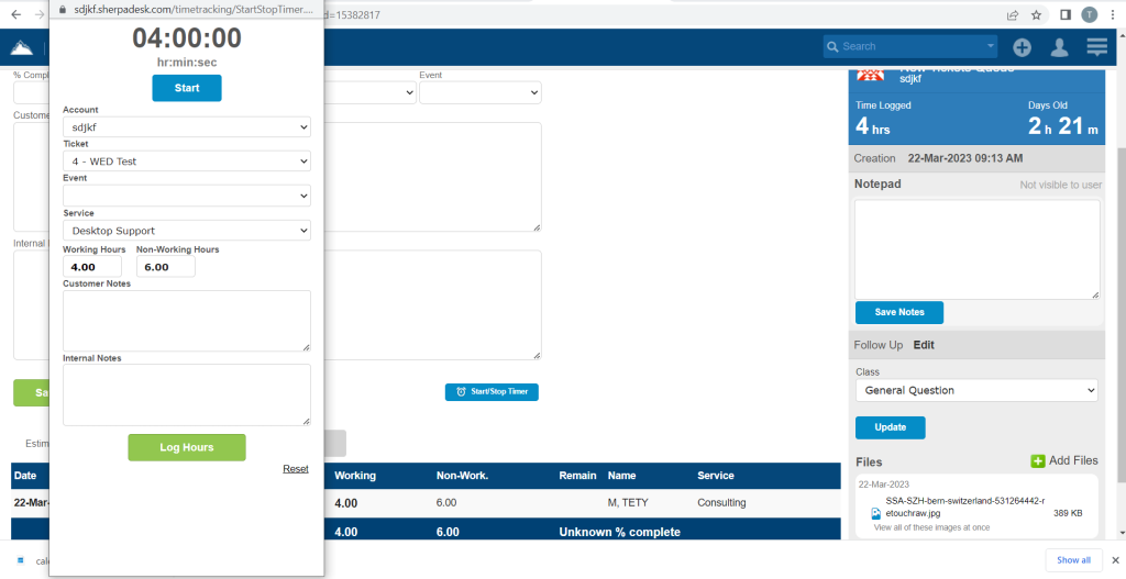 Aucun bug trouvé après la saisie du temps sur un ticket