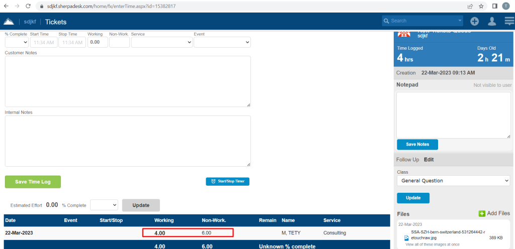 Aucun bug trouvé après la saisie du temps sur un ticket