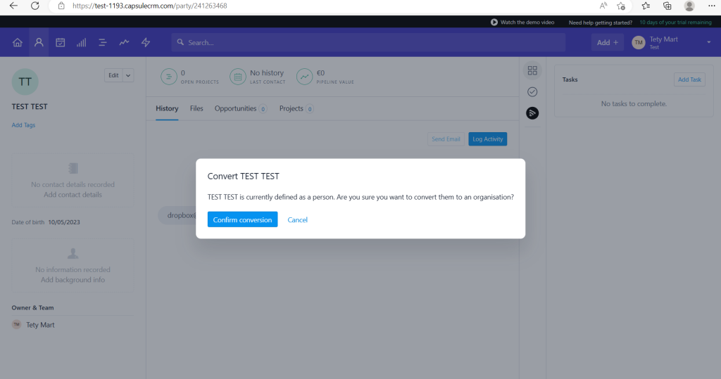 Aucun bug trouvé après la conversion d’un contact existant en organisation