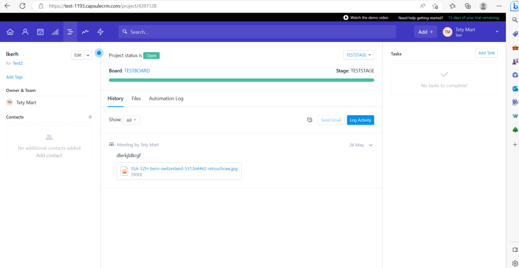 Aucun bug trouvé après l’enregistrement d’une activité de réunion dans un projet