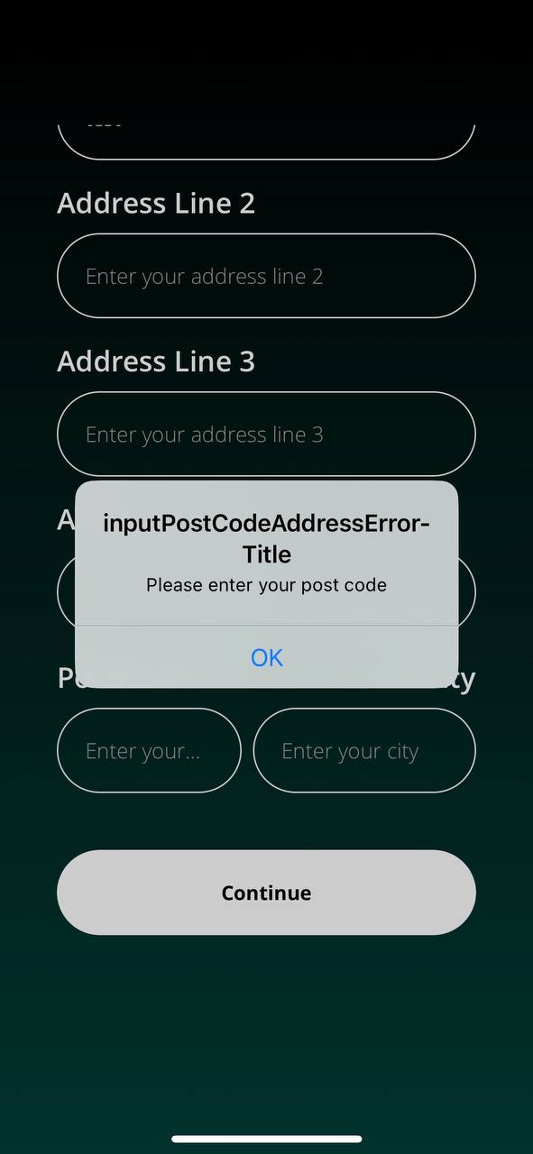 Le message « InputPostCodeAddressError » s’affiche si l’utilisateur ne remplit pas le champ « Code postal » sur le formulaire « Créer un compte »