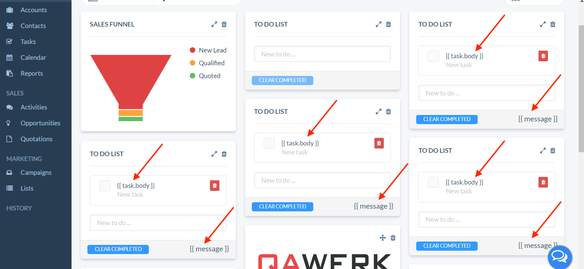 Le code s’affiche dans le second widget Liste des tâches