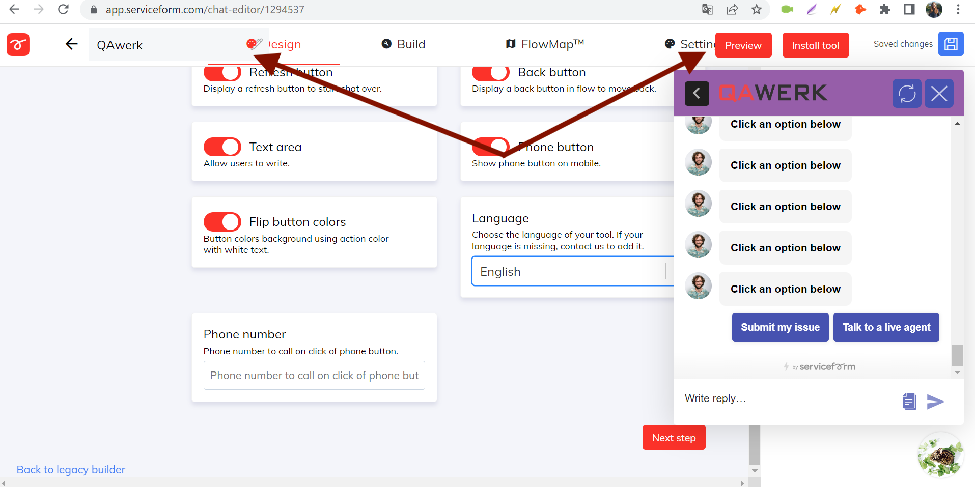 Le champ de recherche et les boutons sont superposés au menu supérieur de la personnalisation du chatbot