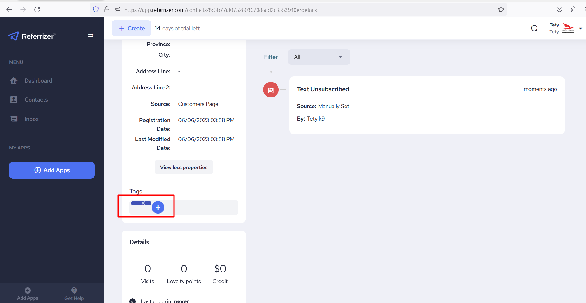 Possibilité d’ajouter un tag avec une valeur vide à un enregistrement Contact