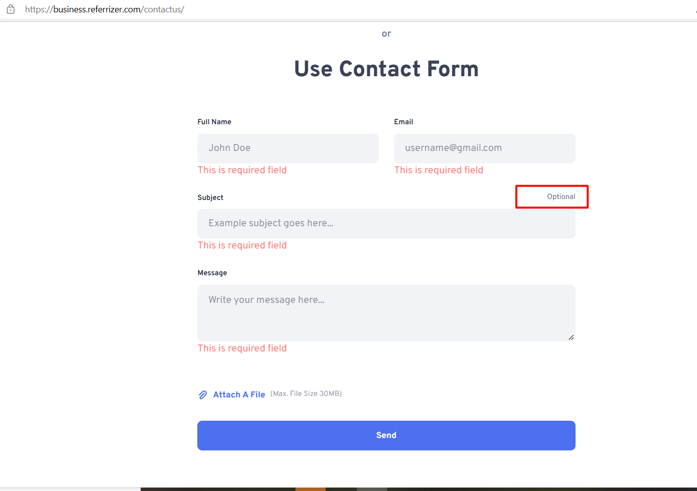 L’étiquette « Optionnel » s’affiche pour un champ obligatoire dans le formulaire « Utiliser le contact »