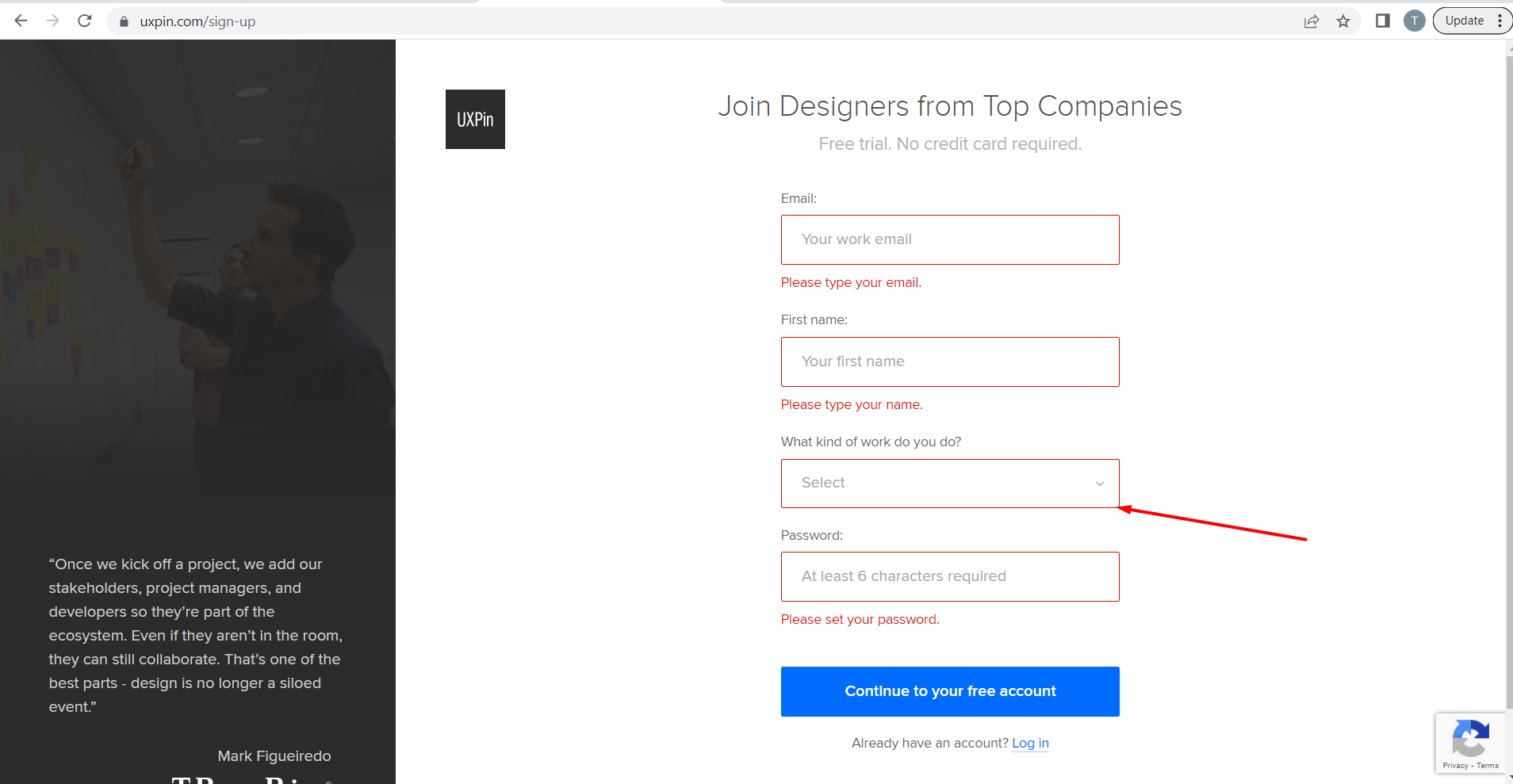 Aucun message de validation sous le champ « Quel type de travail effectuez-vous ? »