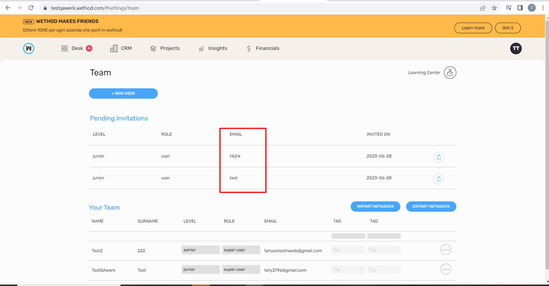 Aucune validation pour les adresses e-mail saisies sur la page « Inviter un nouvel utilisateur »