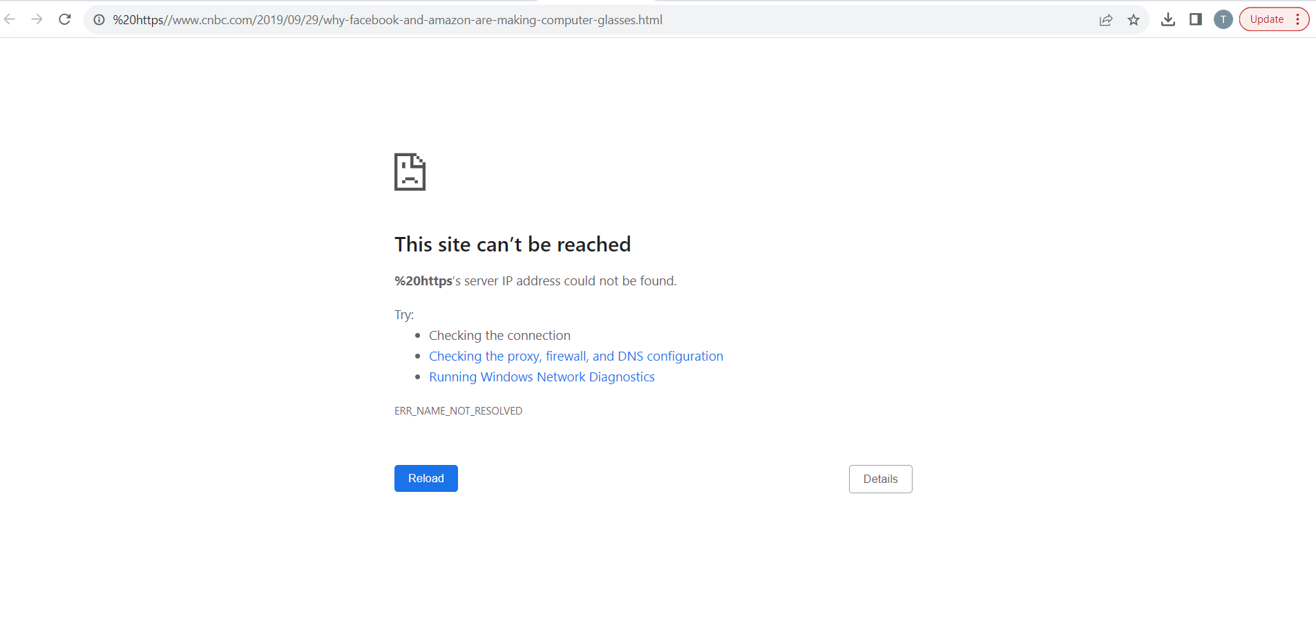 Une page hôte invalide s’ouvre après avoir cliqué sur le lien « Selon Mark Zuckerberg »
