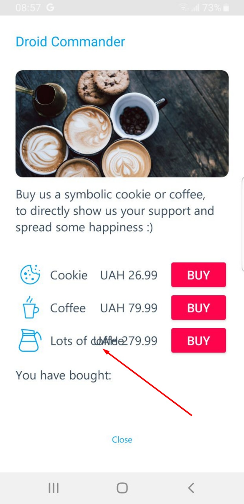 Sur la page Café, le prix est superposé au nom du slot